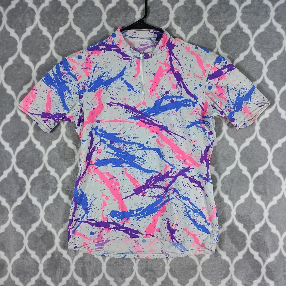Serac Cycling Jersey Women Large White Pink Purple Paint Splatter 1/4 Zip 80s